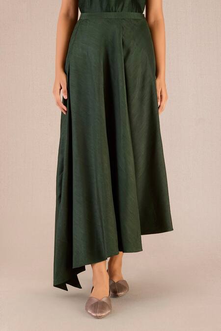 Ampm Green Silk V-neck Serena Colour-blocked Asymmetric Jacket With Skirt at Aza Fashions Ampm_Green Silk V-neck Serena Colour-blocked Asymmetric Jacket With Skirt _at_Aza_Fashions