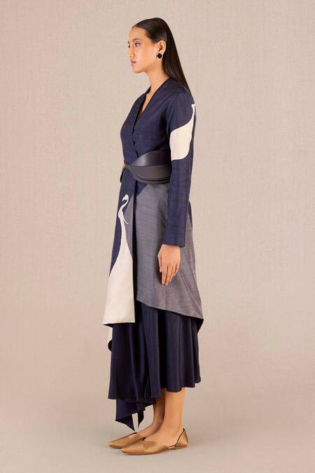 Ampm_Purple Silk Embroidery V-neck Serena Flora And Fauna Asymmetric Jacket With Skirt _Online_at_Aza_Fashions