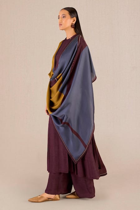 Buy_Ampm_Burgundy Silk Round Neck Saimah Knife Pleated Kurta Palazzo Set_Online_at_Aza_Fashions