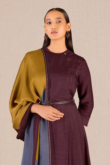 Shop_Ampm_Burgundy Silk Round Neck Saimah Knife Pleated Kurta Palazzo Set_Online_at_Aza_Fashions