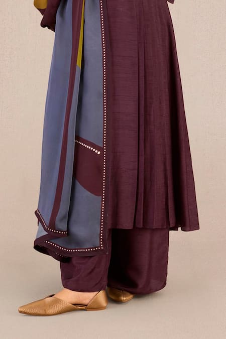 Ampm_Burgundy Silk Round Neck Saimah Knife Pleated Kurta Palazzo Set_at_Aza_Fashions