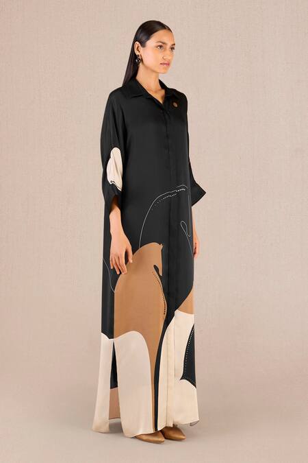 Ampm_Black Organza, Satin Collared Rabiya Serene Horse Print Dress_Online_at_Aza_Fashions