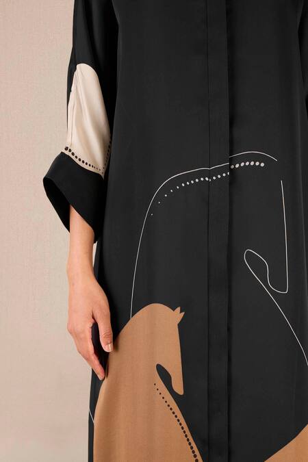 Buy_Ampm_Black Organza, Satin Collared Rabiya Serene Horse Print Dress_Online_at_Aza_Fashions