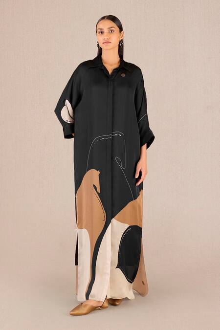 Ampm_Black Organza, Satin Collared Rabiya Serene Horse Print Dress_at_Aza_Fashions