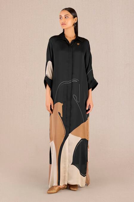 Buy_Ampm_Black Organza, Satin Collared Rabiya Serene Horse Print Dress