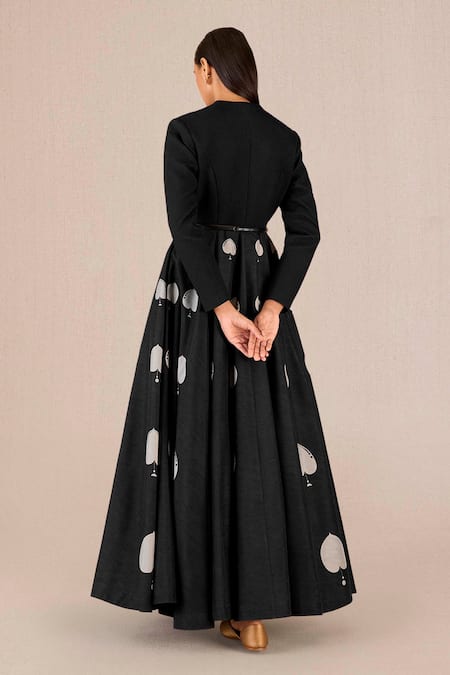 Shop_Ampm_Black Silk V-neck Sabra Betel Leaf Print Maxi Dress _at_Aza_Fashions