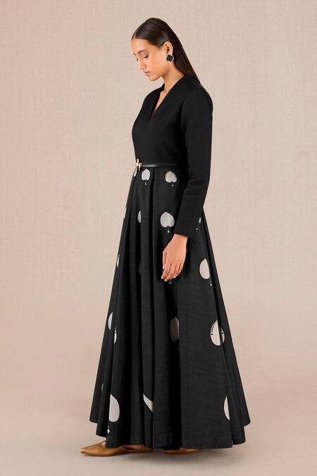 Ampm_Black Silk V-neck Sabra Betel Leaf Print Maxi Dress _Online_at_Aza_Fashions
