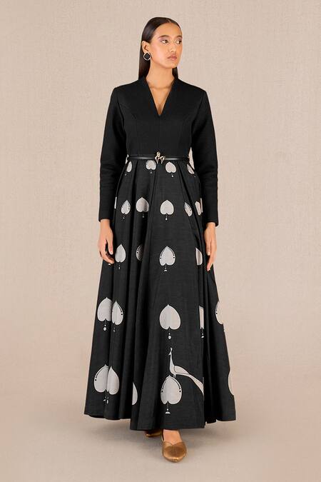 Ampm_Black Silk V-neck Sabra Betel Leaf Print Maxi Dress _at_Aza_Fashions