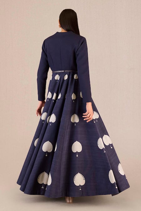 Ampm Purple Silk Buckles V-neck Sabra Betel Leaf Print Flared Dress Online at Aza Fashions Ampm_Purple Silk Buckles V-neck Sabra Betel Leaf Print Flared Dress _Online_at_Aza_Fashions