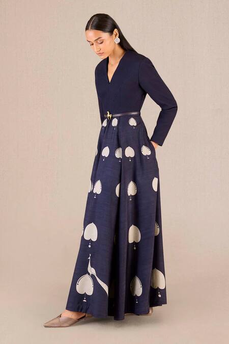 Ampm Purple Silk Buckles V-neck Sabra Betel Leaf Print Flared Dress at Aza Fashions Ampm_Purple Silk Buckles V-neck Sabra Betel Leaf Print Flared Dress _at_Aza_Fashions