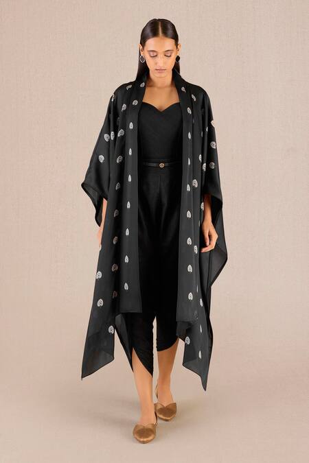 Shop_Ampm_Black Betel Leaf Print Cape And Dhoti Pant Set _Online_at_Aza_Fashions