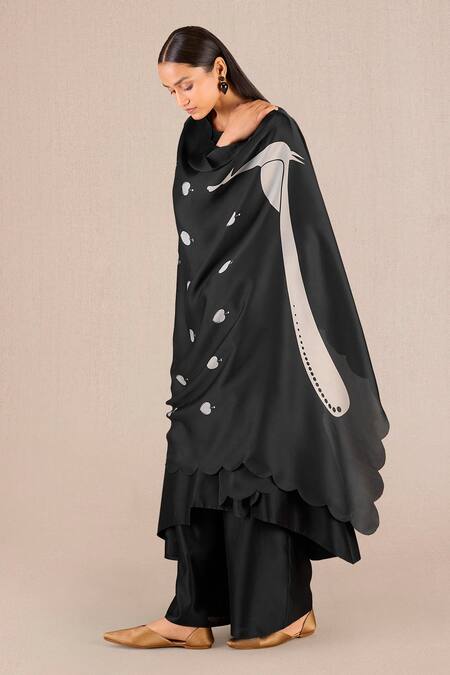 AMPM Black Chanderi Embroidery Betel Leaf Abiha Print Asymmetric Kurta Palazzo Set  4