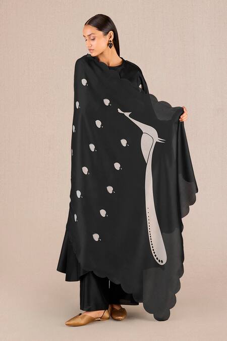 AMPM Black Chanderi Embroidery Betel Leaf Abiha Print Asymmetric Kurta Palazzo Set  5