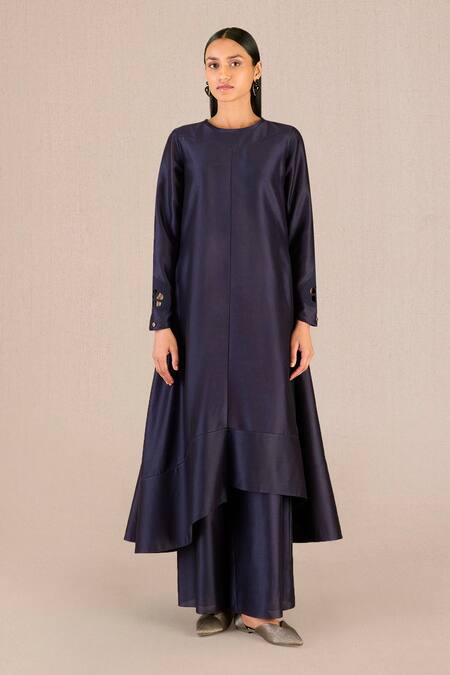 Ampm_Purple Chanderi Embroidery Abiha Peacock Print Asymmetric Kurta Palazzo Set_Online_at_Aza_Fashions