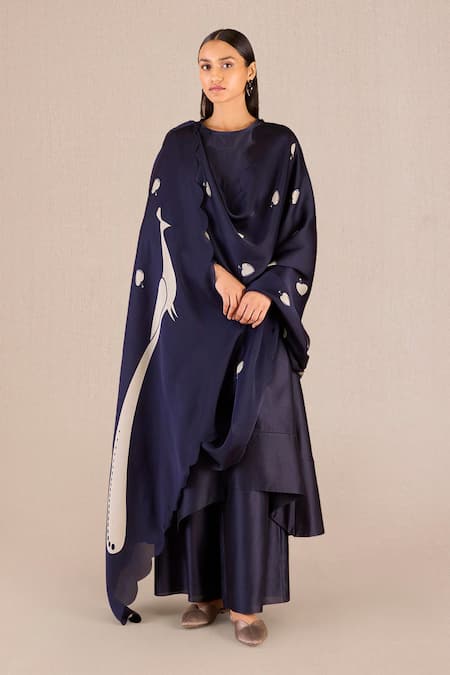 Buy_Ampm_Purple Chanderi Embroidery Abiha Peacock Print Asymmetric Kurta Palazzo Set