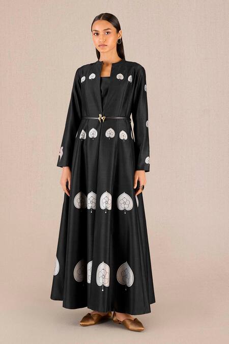 Ampm Black Chanderi Embroidery, Brooches Aresha Betel Leaf Print Jacket And Pant Set at Aza Fashions Ampm_Black Chanderi Embroidery, Brooches Aresha Betel Leaf Print Jacket And Pant Set _at_Aza_Fashions