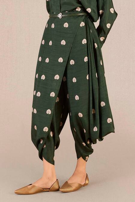 Ampm_Green Silk Embroidery, Brooches Emery Betel Leaf Print Shirt And Dhoti Pant Set_Online_at_Aza_Fashions