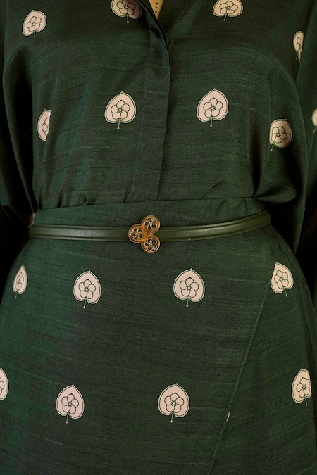 Buy_Ampm_Green Silk Embroidery, Brooches Emery Betel Leaf Print Shirt And Dhoti Pant Set_Online_at_Aza_Fashions
