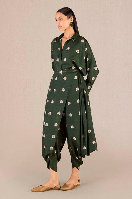 Shop_Ampm_Green Silk Embroidery, Brooches Emery Betel Leaf Print Shirt And Dhoti Pant Set_Online_at_Aza_Fashions