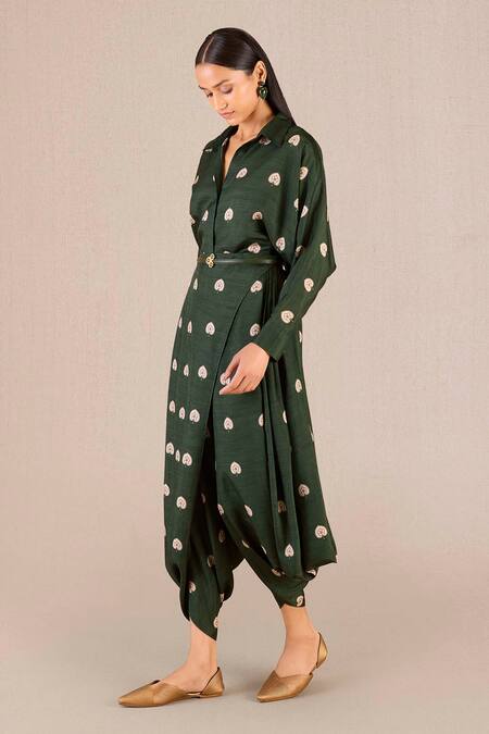 Ampm_Green Silk Embroidery, Brooches Emery Betel Leaf Print Shirt And Dhoti Pant Set_at_Aza_Fashions