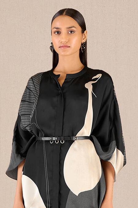 Buy_Ampm_Black Organza, Satin Embroidery Bandeau Iha Floral Print Kaftan Shirt And Pant Set_Online_at_Aza_Fashions