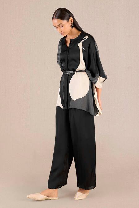 Shop_Ampm_Black Organza, Satin Embroidery Bandeau Iha Floral Print Kaftan Shirt And Pant Set_Online_at_Aza_Fashions