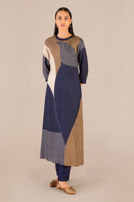 Shop_Ampm_Purple Silk Embroidery Round Mirha Floral Motif Print A-line Kurta With Pant_Online_at_Aza_Fashions