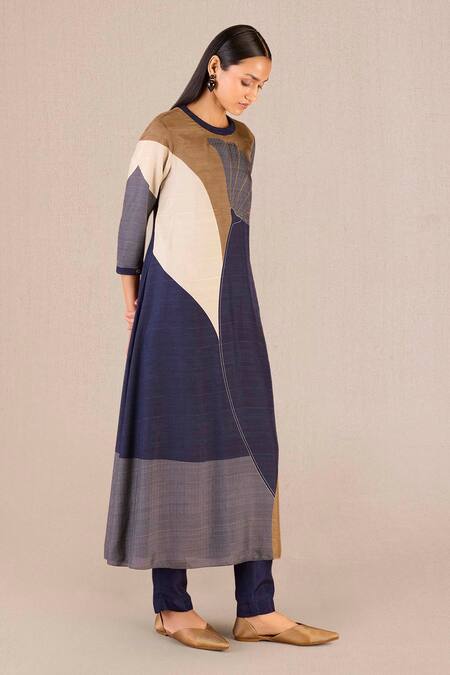 Ampm_Purple Silk Embroidery Round Mirha Floral Motif Print A-line Kurta With Pant_at_Aza_Fashions