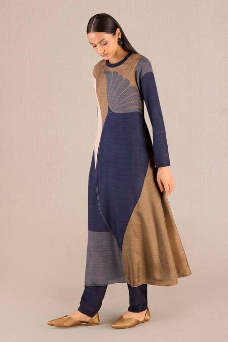 Shop_Ampm_Purple Silk, Cotton Embroidery Mirha Leaf Motif Print A-line Kurta With Pant_Online_at_Aza_Fashions