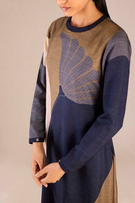 Ampm_Purple Silk, Cotton Embroidery Mirha Leaf Motif Print A-line Kurta With Pant_at_Aza_Fashions