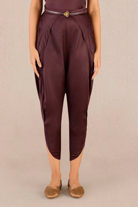 Ampm_Burgundy Organza, Satin Vida Floral Print Asymmetric Cape And Dhoti Pant Set_Online_at_Aza_Fashions