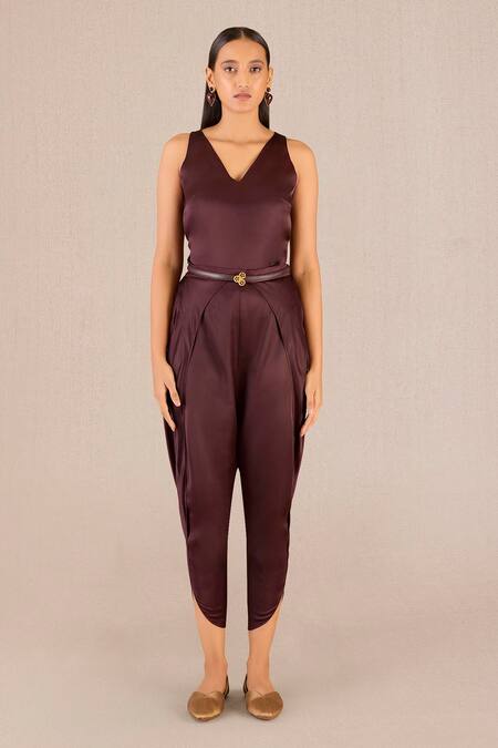 Shop_Ampm_Burgundy Organza, Satin Vida Floral Print Asymmetric Cape And Dhoti Pant Set_Online_at_Aza_Fashions