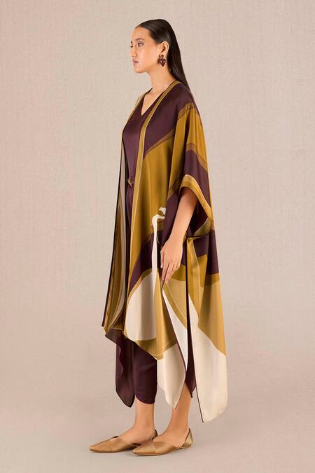 Ampm_Burgundy Organza, Satin Vida Floral Print Asymmetric Cape And Dhoti Pant Set_at_Aza_Fashions