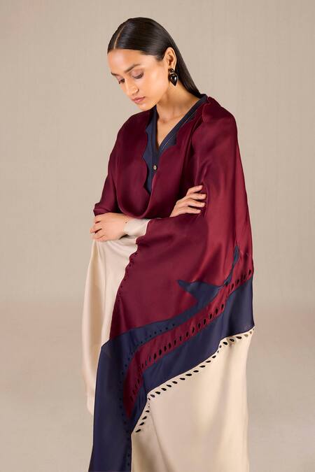 Buy_Ampm_Purple Chanderi Cut Work V-neck Hidaya Asymmetric Flared Kurta And Dhoti Pant Set