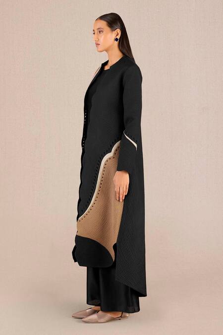 Shop_Ampm_Black Chanderi Embroidery Round Neck Asira Peacock Quilted Jacket And Palazzo Set _Online_at_Aza_Fashions