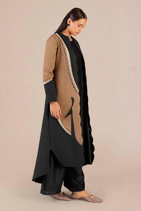 Ampm_Black Chanderi Embroidery Round Neck Asira Peacock Quilted Jacket And Palazzo Set _at_Aza_Fashions