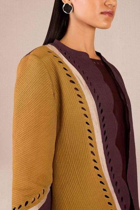 Shop_Ampm_Burgundy Chanderi Embroidery Round Neck Asira Peacock Quilted Jacket And Kurta Set _Online_at_Aza_Fashions