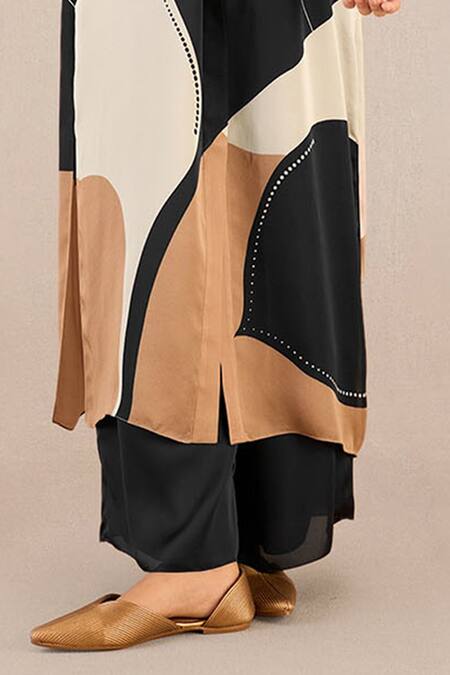 Ampm_Black Satin, Organza Collared, Maysa Horse Print Oversized Tunic And Palazzo Set_Online_at_Aza_Fashions
