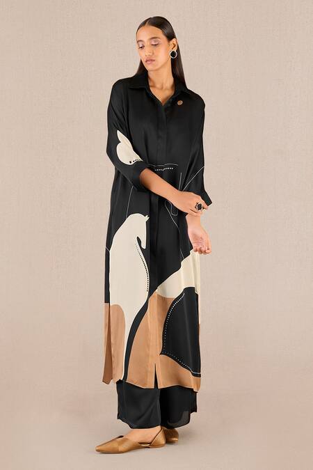 Buy_Ampm_Black Satin, Organza Collared, Maysa Horse Print Oversized Tunic And Palazzo Set_Online_at_Aza_Fashions