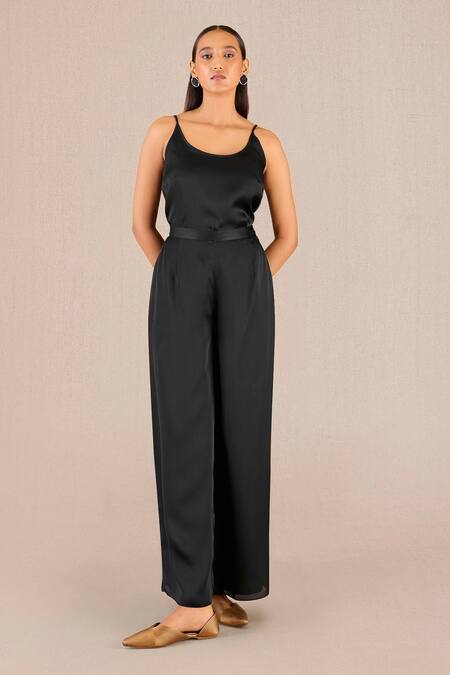 Shop_Ampm_Black Satin, Organza Collared, Maysa Horse Print Oversized Tunic And Palazzo Set_Online_at_Aza_Fashions