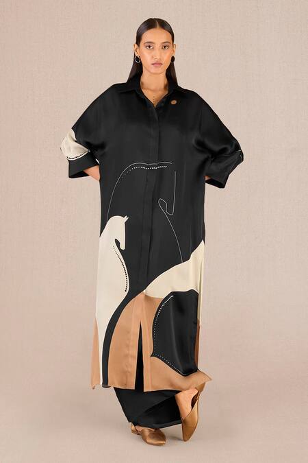 Ampm_Black Satin, Organza Collared, Maysa Horse Print Oversized Tunic And Palazzo Set_at_Aza_Fashions