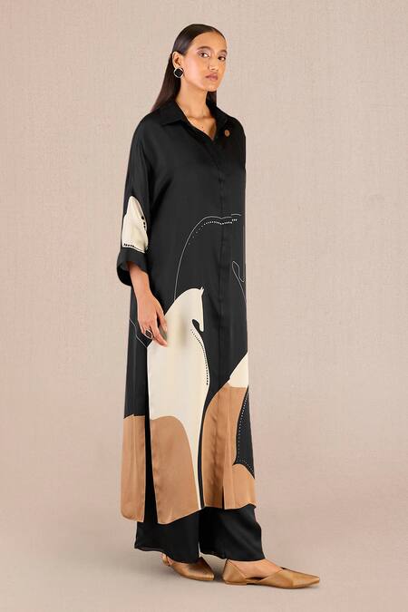 Buy_Ampm_Black Satin, Organza Collared, Maysa Horse Print Oversized Tunic And Palazzo Set