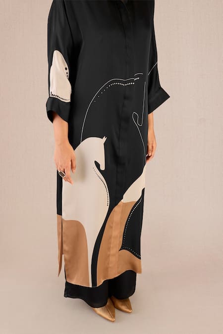 Shop_Ampm_Black Satin, Organza Collared, Maysa Horse Print Oversized Tunic And Palazzo Set