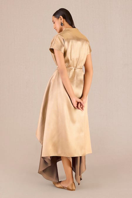 Ampm_Gold Silk V-neck Amra Box Pleated Jacket And Draped Skirt Set _Online_at_Aza_Fashions