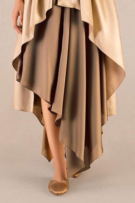 Buy_Ampm_Gold Silk V-neck Amra Box Pleated Jacket And Draped Skirt Set _Online_at_Aza_Fashions