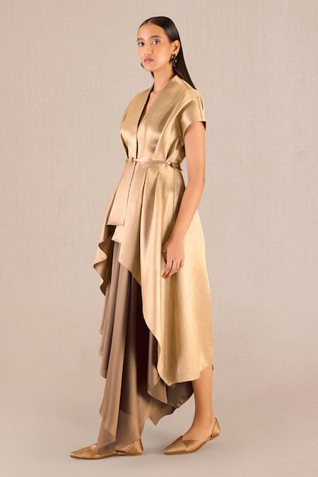 Shop_Ampm_Gold Silk V-neck Amra Box Pleated Jacket And Draped Skirt Set _Online_at_Aza_Fashions