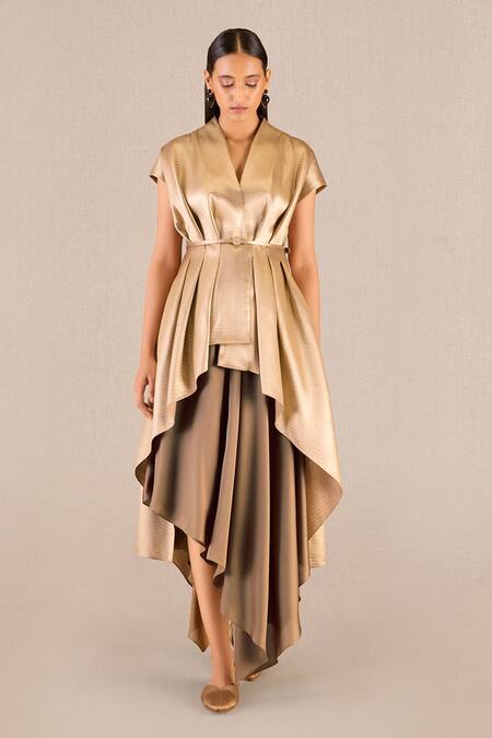Ampm_Gold Silk V-neck Amra Box Pleated Jacket And Draped Skirt Set _at_Aza_Fashions