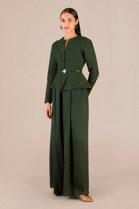 Buy Ampm Green Chanderi Cut Work Round Neck Rifat Peplum Jacket And Palazzo Set Online at Aza Fashions Buy_Ampm_Green Chanderi Cut Work Round Neck Rifat Peplum Jacket And Palazzo Set _Online_at_Aza_Fashions