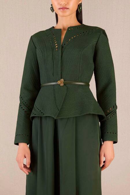 Ampm Green Chanderi Cut Work Round Neck Rifat Peplum Jacket And Palazzo Set at Aza Fashions Ampm_Green Chanderi Cut Work Round Neck Rifat Peplum Jacket And Palazzo Set _at_Aza_Fashions