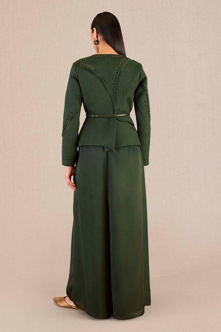 Shop Ampm Green Chanderi Cut Work Round Neck Rifat Peplum Jacket And Palazzo Set Shop_Ampm_Green Chanderi Cut Work Round Neck Rifat Peplum Jacket And Palazzo Set